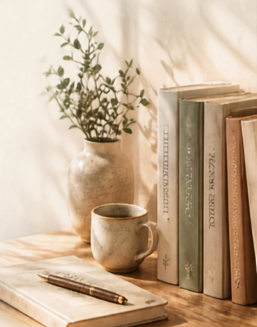 Libros, planta y taza sobre un escritorio