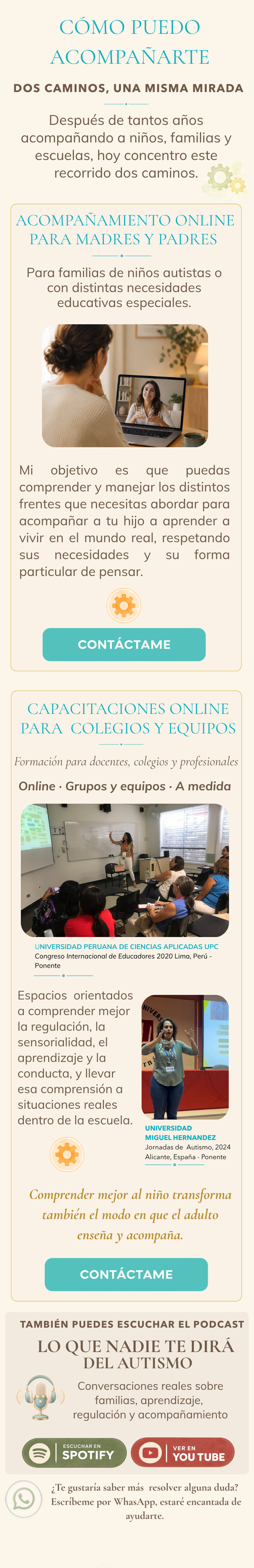 Cómo puedo acompañarte: acompañamiento online, capacitaciones, podcast y contacto por WhatsApp